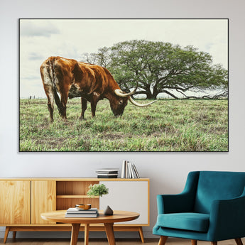 91866234-MGV-CV-36X24-Texas Longhorn Wall Art Canvas Print, Framed Rustic Ranch Art Picture Print, Western Cattle Perfect Rustic Farmhouse Decor Artwork