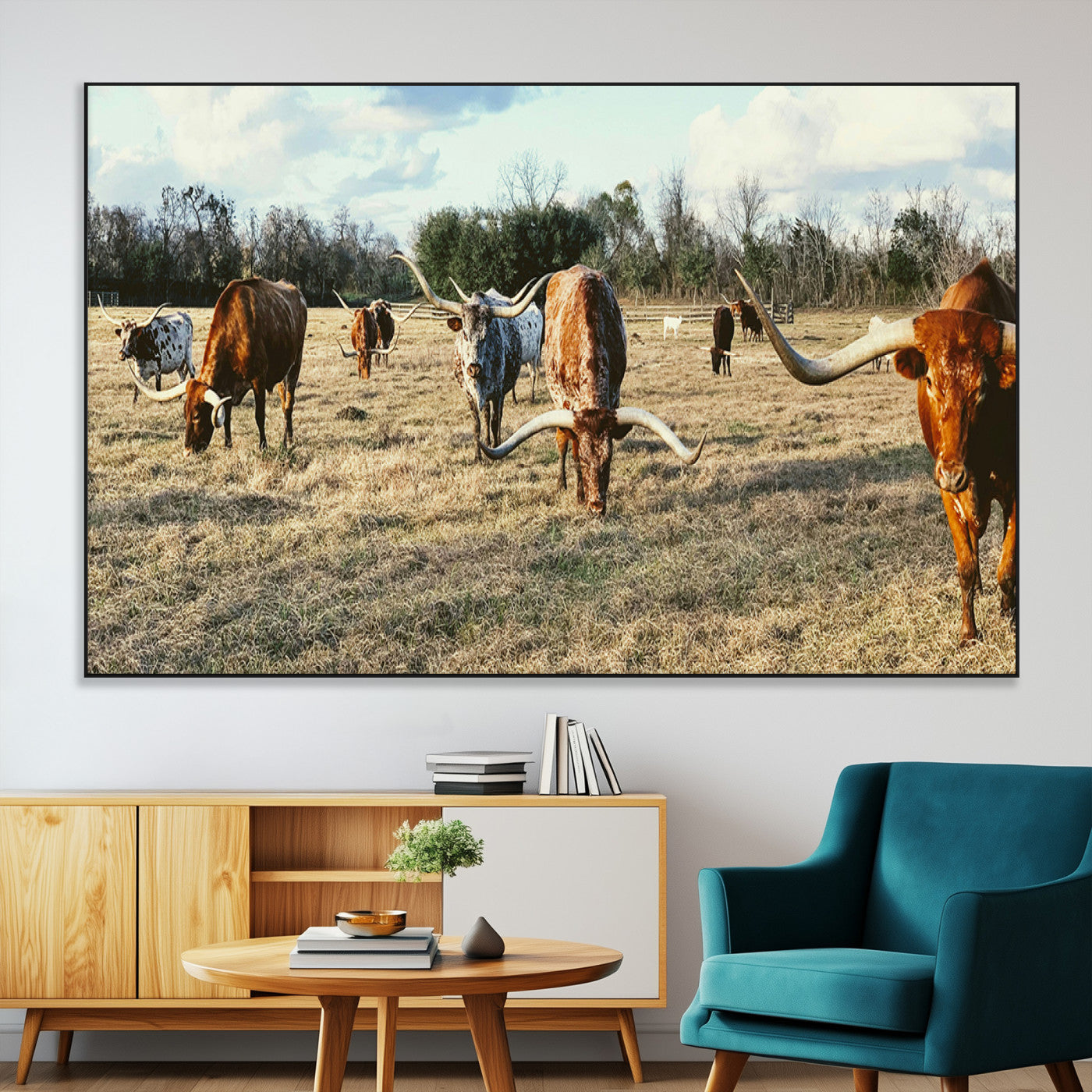 39144651-MGV-CV-36X24-Texas Longhorns Wall Art Canvas Print, Framed Rustic Farm Scene Art Picture Print, Western Cattle Perfect Rustic Farmhouse Decor
