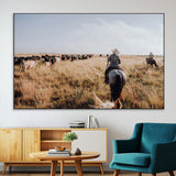 22431577-MGV-CV-36X24-Western Wall Art Wall Art Canvas Print, Framed Cowboy Canvas Art Picture Print, Cattle Drive Scene Perfect Rustic Western Decor