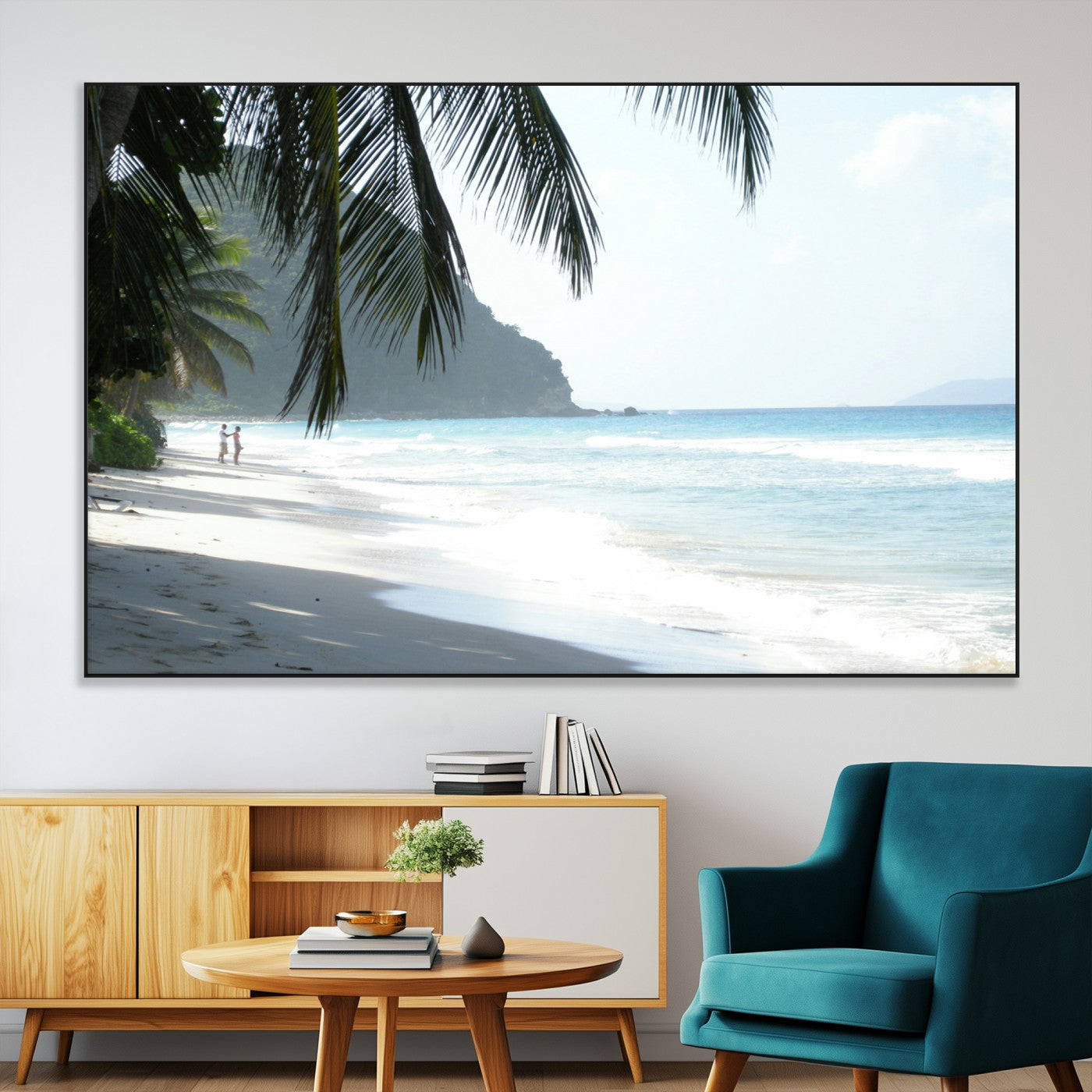 18311030-MGV-CV-36X24-Tropical Beach Wall Art Canvas Print, Framed Serene Ocean Art Picture Print, Palm Tree Shadows Perfect Tropical Coastal Decor