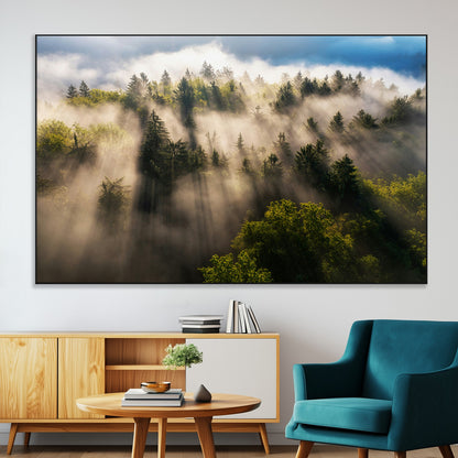 14785710-MGV-CV-36X24-Tranquil Forest Scene Wall Art Canvas Print, Framed Sunbeam Through Trees Art Picture Print, Moody Green Wall Art Perfect