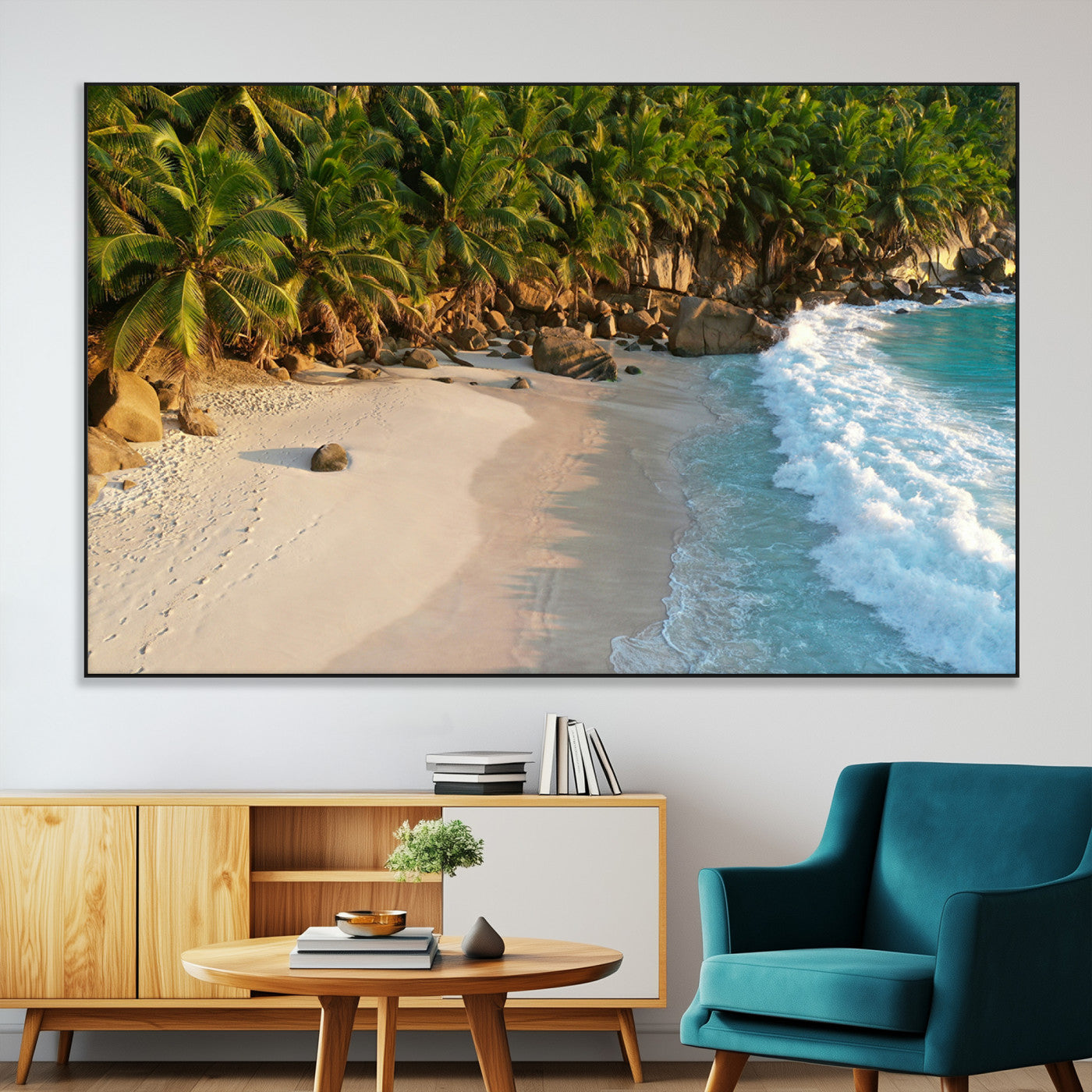 82312665-MGV-CV-36X24-Tropical Beach Wall Art Canvas Print, Framed Ocean Waves Art Picture Print, Palm Trees Perfect Coastal Minimalist Decor Artwork