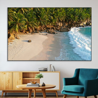 82312665-MGV-CV-36X24-Tropical Beach Wall Art Canvas Print, Framed Ocean Waves Art Picture Print, Palm Trees Perfect Coastal Minimalist Decor Artwork