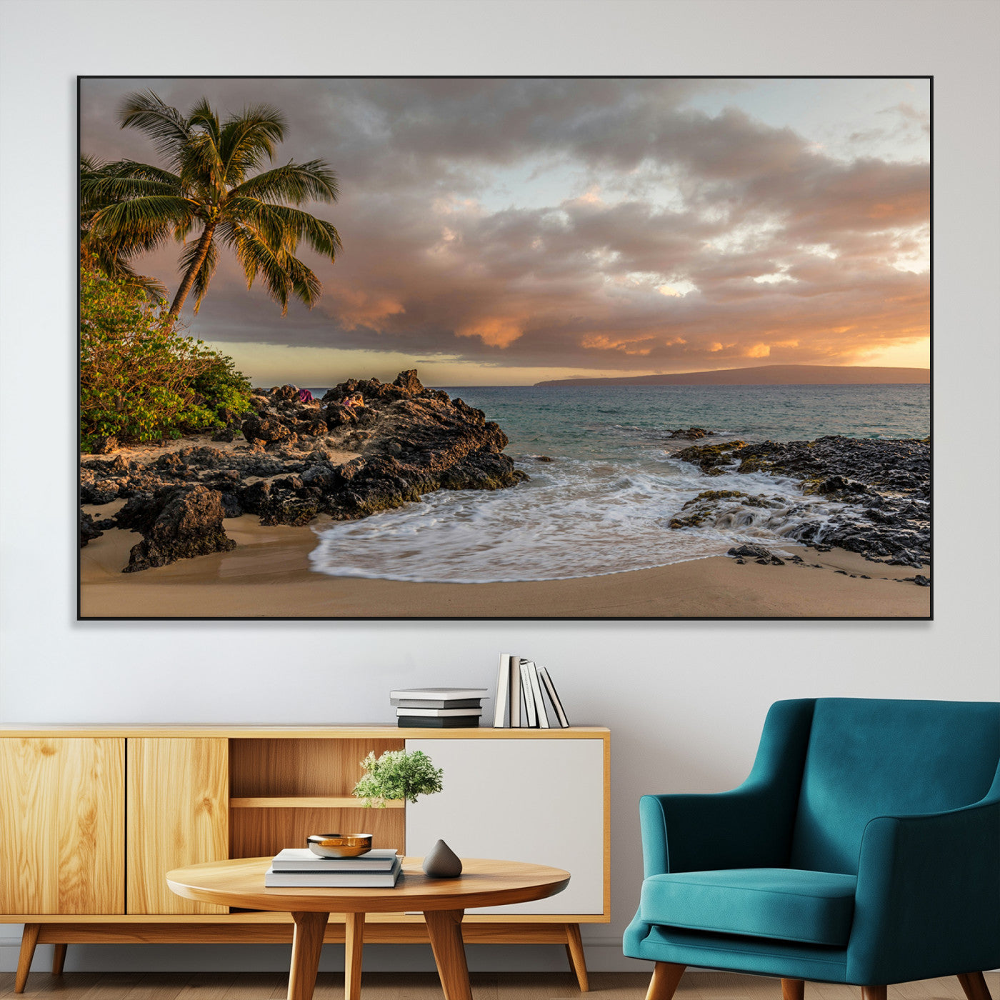 55108220-MGV-CV-36X24-Tropical Beach Wall Art Canvas Print, Framed Hawaiian Sunset Art Picture Print, Ocean Waves Perfect Coastal Tropical Decor Artwork