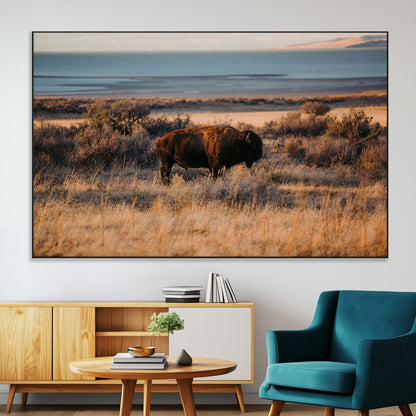 39509187-MGV-CV-36X24-Western Wildlife Wall Art Canvas Print, Framed Bison Art Picture Print, Golden Hour Perfect Western Rustic Decor Artwork