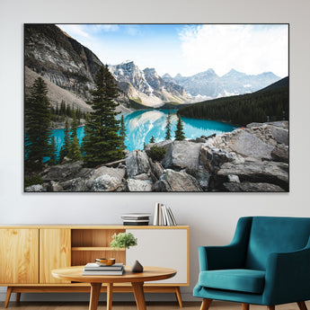 98014896-MGV-CV-36X24-Canadian Rockies Wall Art Canvas Print, Framed Mountain Landscape Art Picture Print, Turquoise Water Perfect Scandinavian