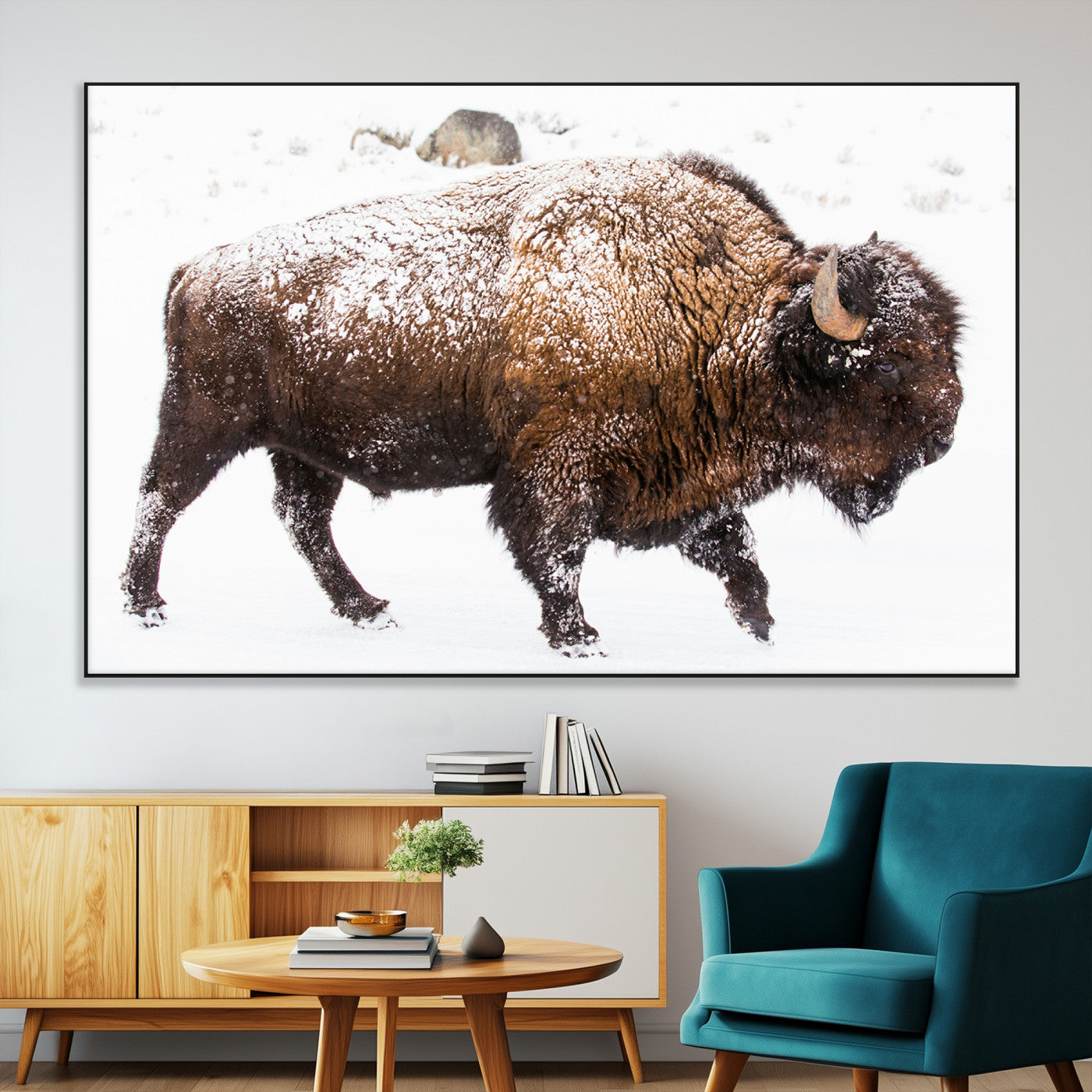 94261165-MGV-CV-36X24-Snowy Buffalo Wall Art Canvas Print, Framed Wildlife Photography Art Picture Print, Brown Tones Perfect Rustic Lodge Decor Decor
