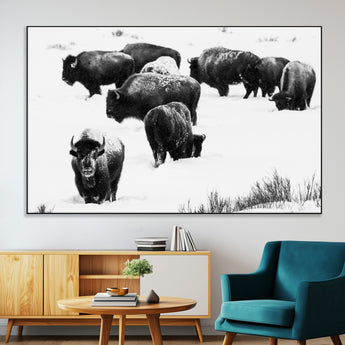 18914414-MGV-CV-36X24-Buffalo Herd Wall Art Canvas Print, Framed Black and White Art Picture Print, Snowy Landscape Perfect Rustic Lodge Decor Decor