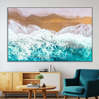 26870666-MGV-CV-36X24-Aerial Beach Wall Art Canvas Print, Framed Ocean Waves Art Picture Print, Coastal Landscape Perfect Coastal Minimalist Decor