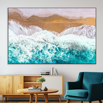 26870666-MGV-CV-36X24-Aerial Beach Wall Art Canvas Print, Framed Ocean Waves Art Picture Print, Coastal Landscape Perfect Coastal Minimalist Decor