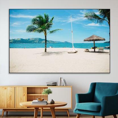 42623350-MGV-CV-36X24-Tropical Beach Wall Art Canvas Print, Framed Palm Tree Art Picture Print, Ocean View Perfect Tropical Coastal Decor Artwork