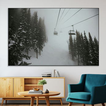 87018452-MGV-CV-36X24-Ski Lift Wall Art Canvas Print, Framed Snowy Pines Art Picture Print, Misty Landscape Perfect Winter Serenity Decor Artwork
