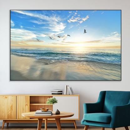 20708696-MGV-CV-36X24-Minimalist Seaside Wall Art Canvas Print, Framed Morning Glow Art Picture Print, Golden Reflections Perfect Coastal Minimalist