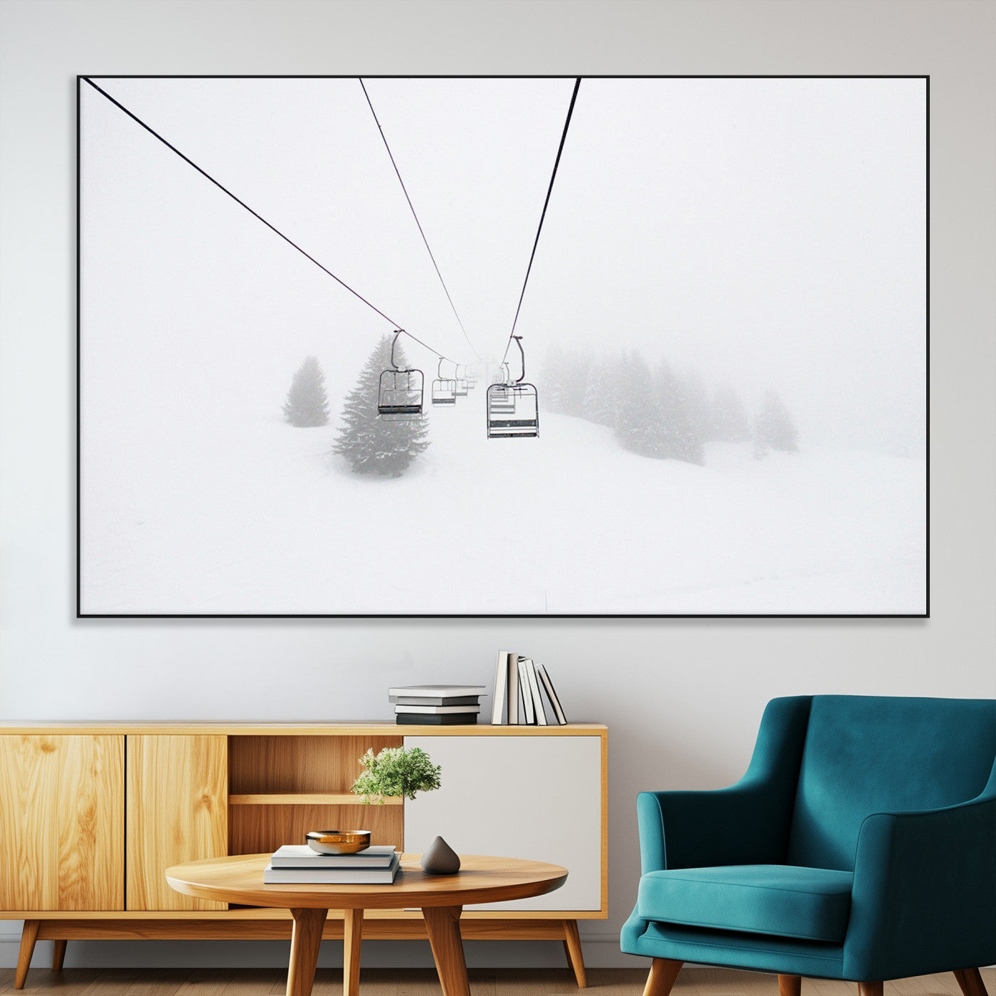 20216390-MGV-CV-36X24-Ski Lift Wall Art Canvas Print, Framed Snowy Landscape Art Picture Print, Alpine Adventure Perfect Nordic Minimalist Decor Artwork