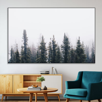 42364796-MGV-CV-36X24-Foggy Forest Wall Art Canvas Print, Framed Misty Pines Art Picture Print, Moody Woodland Perfect Scandinavian Minimalist Decor