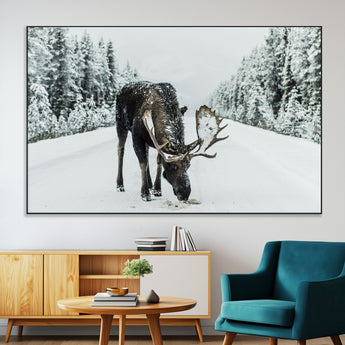 13316292-MGV-CV-36X24-Moose in Snow Wall Art Canvas Print, Framed Winter Wildlife Art Picture Print, Snowy Forest Scene Perfect Rustic Lodge Decor
