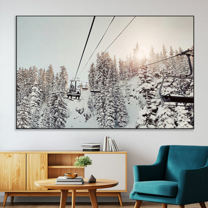 91534512-MGV-CV-36X24-Frosty Pines Wall Art Canvas Print, Framed Cozy Cabin View Art Picture Print, Ski Lift Ride Perfect Rustic Lodge Decor Artwork