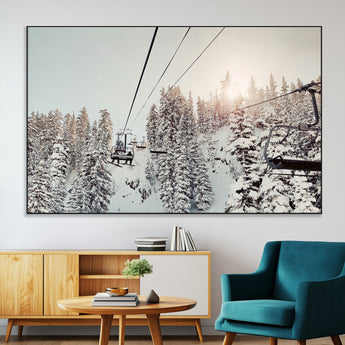 91534512-MGV-CV-36X24-Frosty Pines Wall Art Canvas Print, Framed Cozy Cabin View Art Picture Print, Ski Lift Ride Perfect Rustic Lodge Decor Artwork