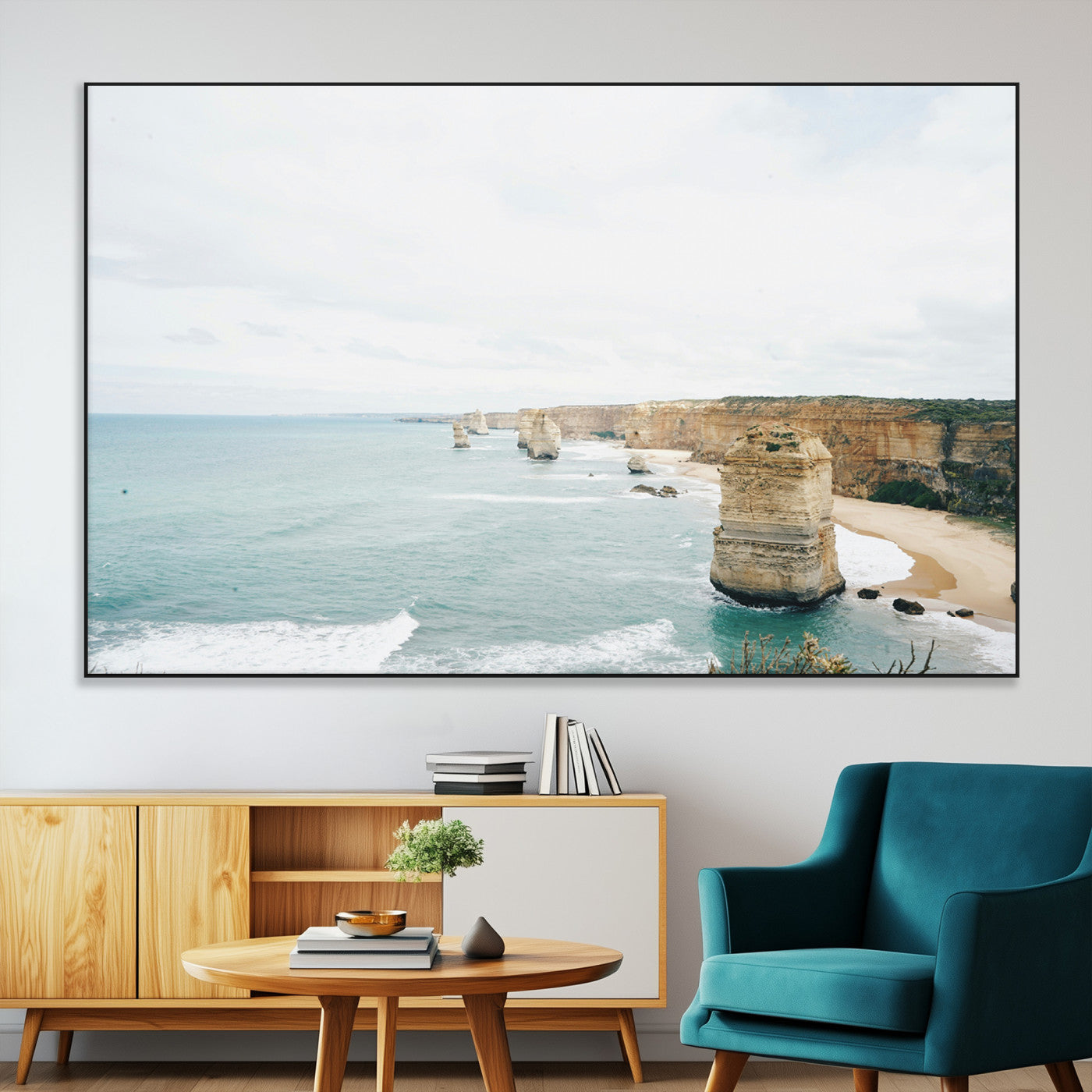 70095633-MGV-CV-36X24-Twelve Apostles Wall Art Canvas Print, Framed Coastal Cliffs Art Picture Print, Rugged Rock Formations Perfect Minimalist Coastal