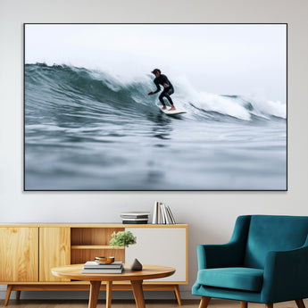 11693607-MGV-CV-36X24-Surfer on Wave Wall Art Canvas Print, Framed Ocean Adventure Art Picture Print, Motion Blur Water Perfect Coastal Adventure Decor