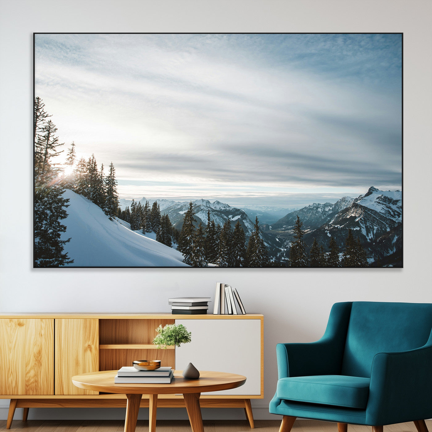 55564749-MGV-CV-36X24-Snowy Mountains Wall Art Canvas Print, Framed Alpine Landscape Art Picture Print, Frosty Peaks Perfect Nordic Minimalist Decor