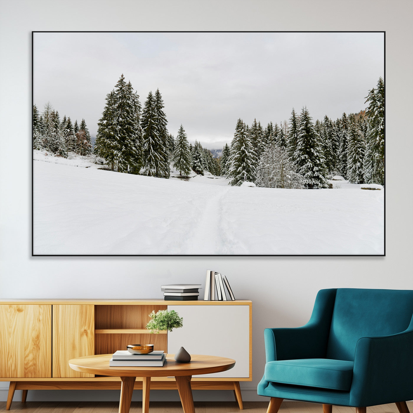 24581417-MGV-CV-36X24-Frosty Pines Wall Art Canvas Print, Framed Silent Snowfall Art Picture Print, Cozy Cabin Vibes Perfect Nordic Minimalist Decor