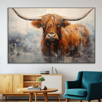 X61001-MGV-CV-36X24-Scottish Highland Wall Art Canvas Print, Framed Longhorn Art Picture Print, Western Cow Perfect Farmhouse Decor Artwork