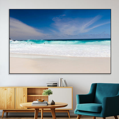 55017356-MGV-CV-36X24-Ocean Beach Wall Art – Turquoise Wave and White Sand Shoreline Canvas Print, Coastal Seascape Photography Decor for Living Room,