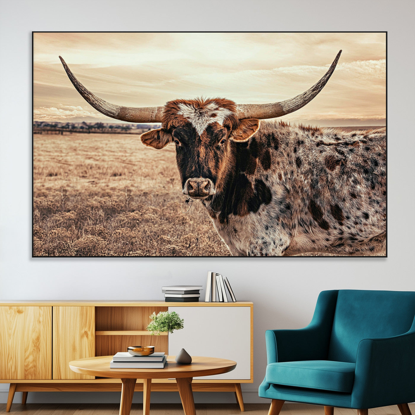 95745718-MGV-CV-36X24-Texas Longhorn Wall Art – Western Cattle Photography Canvas Print, Rustic Ranch Animal Artwork Country Farmhouse Decor for Living
