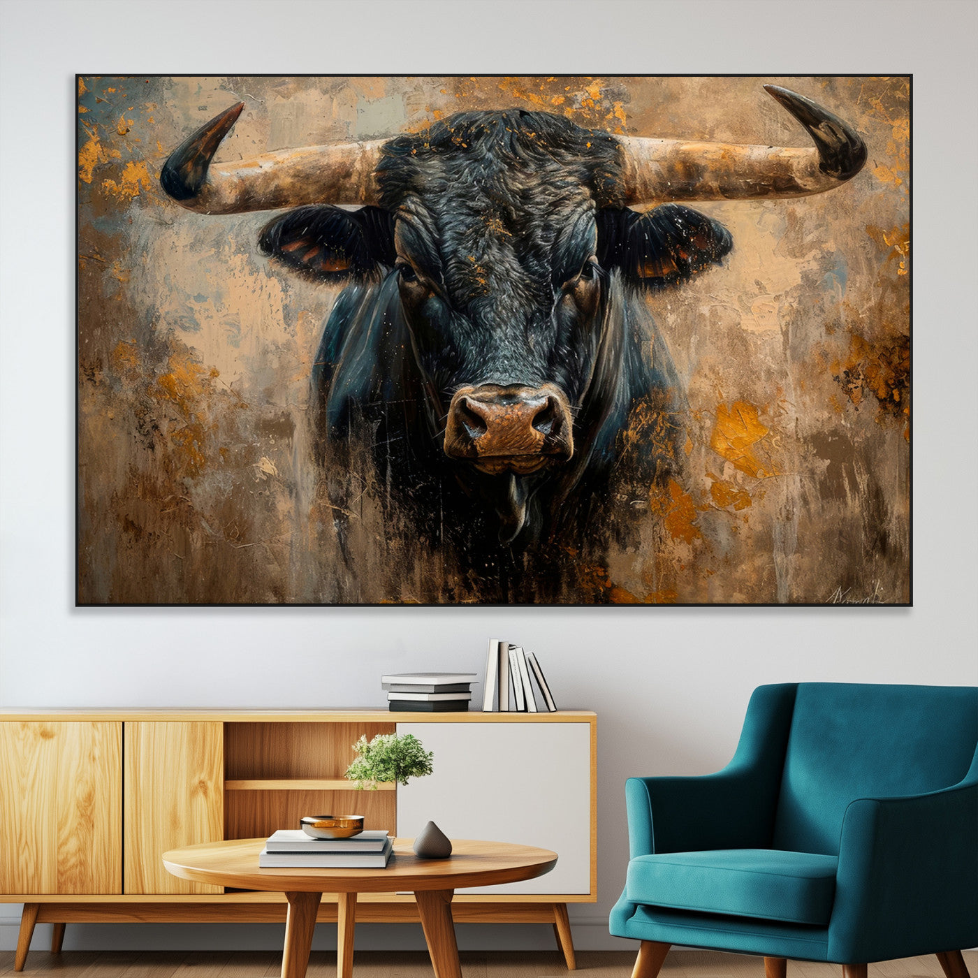 91615410-MGV-CV-36X24-Bull Wall Art – Rustic Western Longhorn Canvas Print, Powerful Abstract Animal Painting, Farmhouse Ranch Decor for Living Room,
