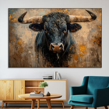 91615410-MGV-CV-36X24-Bull Wall Art – Rustic Western Longhorn Canvas Print, Powerful Abstract Animal Painting, Farmhouse Ranch Decor for Living Room,