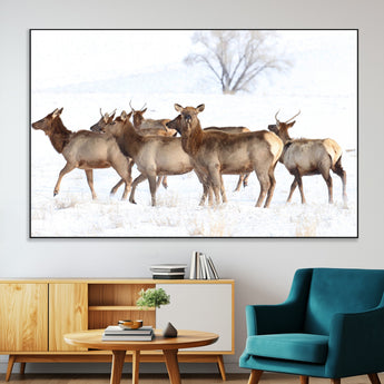 41416314-MGV-CV-36X24-Elk Wall Art – Wildlife Herd Canvas Print in Snowy Landscape, Rustic Nature Painting, Western Cabin Lodge Decor for Living Room,