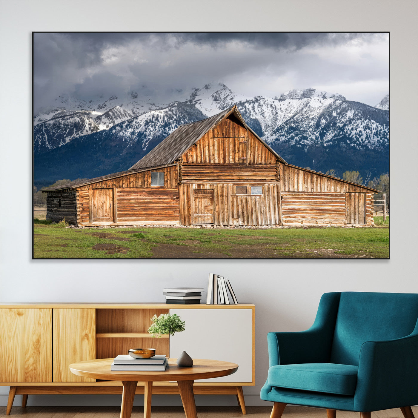 15173627-MGV-CV-36X24-Barn Wall Art – Rustic Wooden Cabin Canvas Print with Snowy Mountain Landscape, Western Farmhouse Country Decor for Living Room,