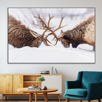 99240306-MGV-CV-36X24-Elk Wall Art – Two Bull Elk Fighting in Snow Canvas Print, Rustic Wildlife Artwork for Cabin, Lodge, Western Farmhouse, Nature &