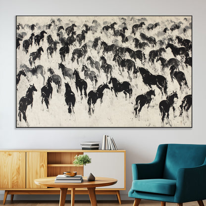 29265745-MGV-CV-36X24-Wild Horse Herd Wall Art – Black and White Galloping Horses Canvas Print, Rustic Western Farmhouse Décor for Living Room, Bedroom,