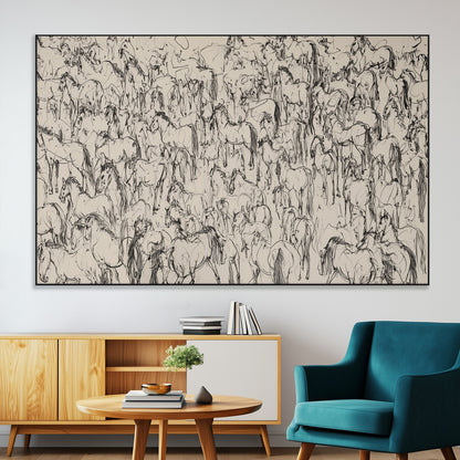 12358908-MGV-CV-36X24-Horse Herd Sketch Wall Art – Abstract Wild Horses Line Drawing Canvas Print, Rustic Western Style Equestrian Decor for Living