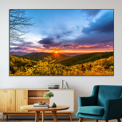 25786346-MGV-CV-36X24-Sunset Over Mountains Wall Art – Nature Landscape Canvas Print, Golden Hour Forest Photography, Scenic Sunrise Artwork for Living
