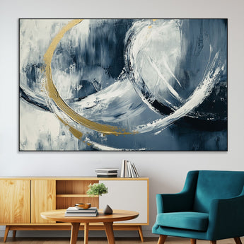 97295757-MGV-CV-36X24-Abstract Blue and Gold Wall Art – Modern Luxury Canvas Print, Navy White Brushstroke Painting, Contemporary Living Room Office
