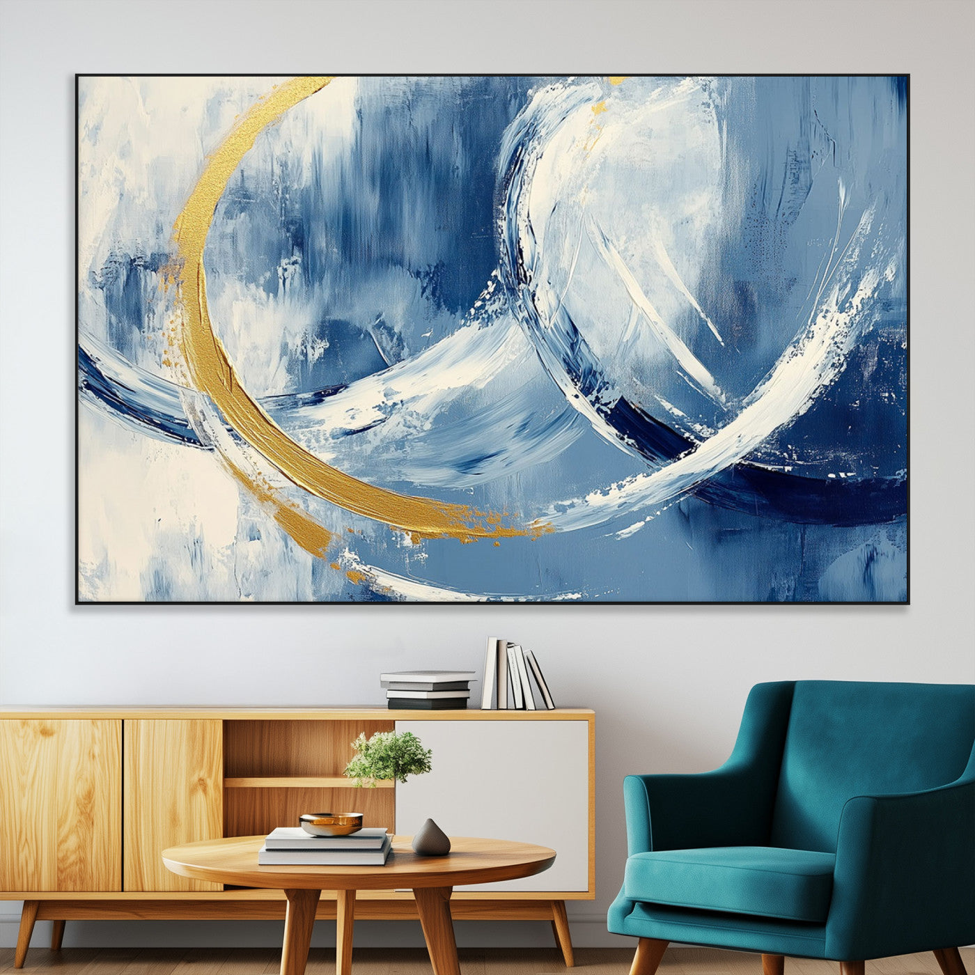 42475677-MGV-CV-36X24-Blue and Gold Abstract Wall Art – Modern Luxury Canvas Print, Navy White Brushstroke Painting, Contemporary Home Office Living