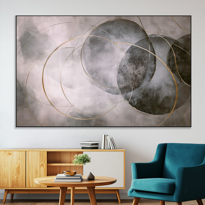 20066876-MGV-CV-36X24-Neutral Abstract Circle Wall Art – Modern Gray Beige Gold Canvas Print, Minimalist Geometric Painting for Bedroom, Living Room,