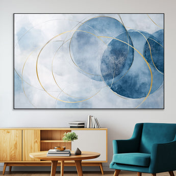 47060443-MGV-CV-36X24-Blue Abstract Circle Wall Art – Modern Gold and Navy Canvas Print, Minimalist Geometric Painting for Living Room, Bedroom, Office