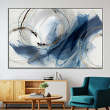 49589477-MGV-CV-36X24-Blue Abstract Wall Art – Modern Circle Canvas Print with Gold and Black Accents, Contemporary Fluid Brushstroke Painting for
