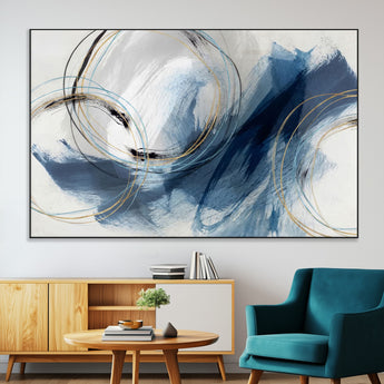 49589477-MGV-CV-36X24-Blue Abstract Wall Art – Modern Circle Canvas Print with Gold and Black Accents, Contemporary Fluid Brushstroke Painting for