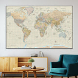 41929777-MGV-CV-36X24-World Map Wall Art – Large Detailed Political Atlas Style Map Print with Countries, Cities, and Oceans, Warm Earth Tone