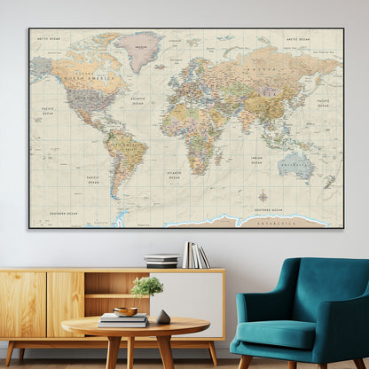 41929777-MGV-CV-36X24-World Map Wall Art – Large Detailed Political Atlas Style Map Print with Countries, Cities, and Oceans, Warm Earth Tone