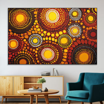 81120549-MGV-CV-36X24-Abstract Dot Painting Wall Art – Vibrant Tribal Boho Style Canvas Print with Sunburst Mandala Circles in Warm Red, Yellow, Orange