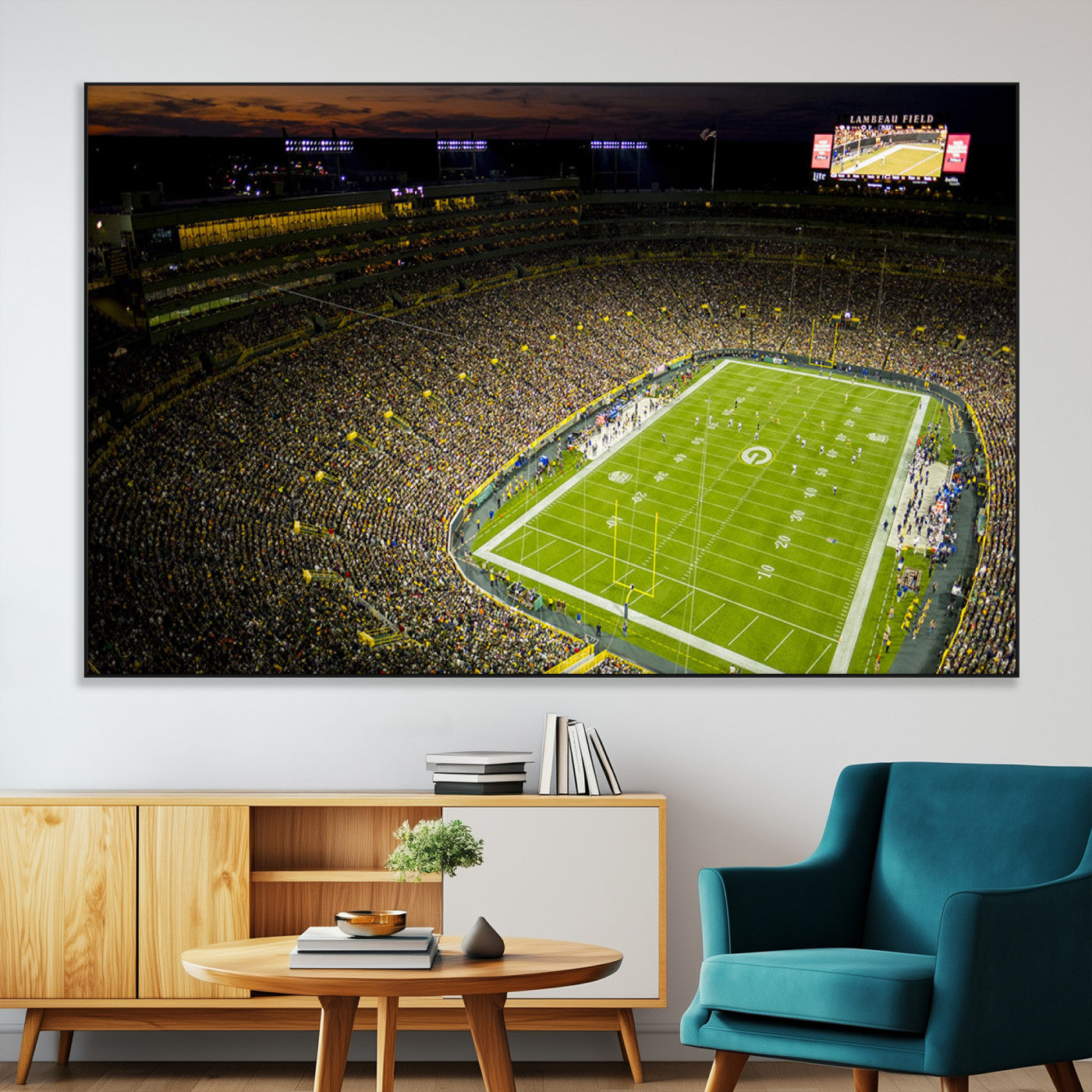 23655234-MGV-CV-36X24-Lambeau Field Stadium Wall Art – American Football Night Game Canvas Print with Packed Crowd and Lights – Sports Decor for Man