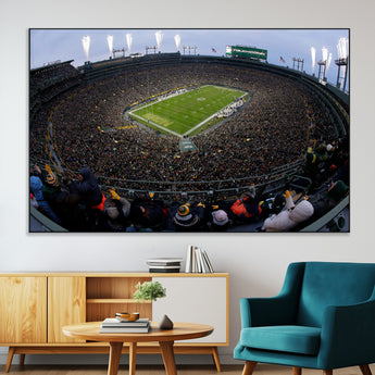 14387817-MGV-CV-36X24-Lambeau Field Stadium Wall Art – Green Bay Packers Game Day Canvas Print with Fireworks and Crowd – NFL Football Fan Man Cave