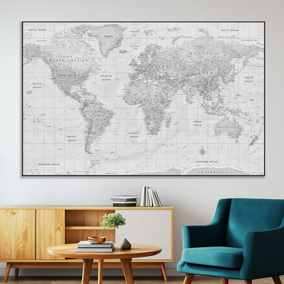 10516725-MGV-CV-36X24-Black and White World Map Wall Art – Minimalist Grayscale Canvas Print – Modern Detailed Travel Map Poster for Home, Office, or