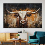 25265572-MGV-CV-36X24-Longhorn Bull Wall Art – Rustic Western Texas Steer Canvas Print, Textured Animal Painting for Home, Office, Man Cave or Farmhouse